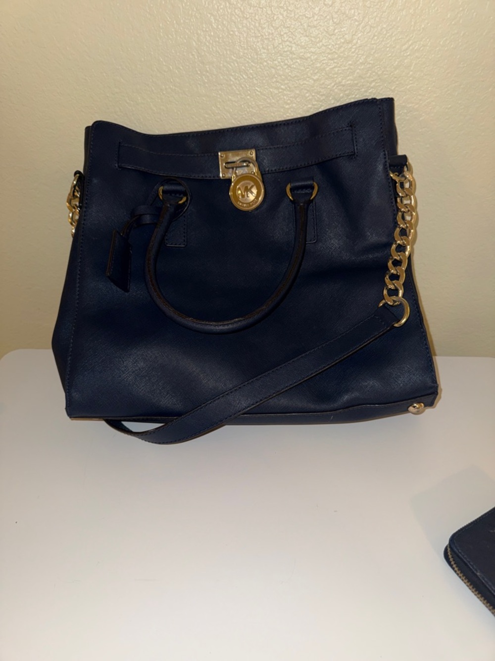 Michael Kors Navy Leather Satchel with Gold Chain Trim